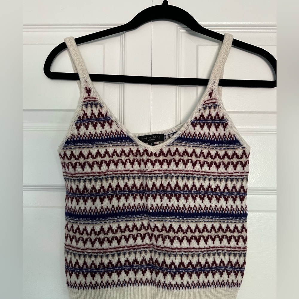 rag & bone Cream Knit V‑Neck Tank with Maroon & Navy Pattern